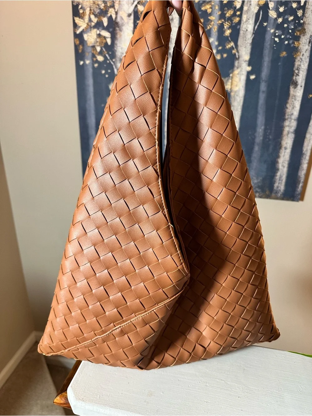 Woven Hobo Shoulder Bag in Cognac Brown